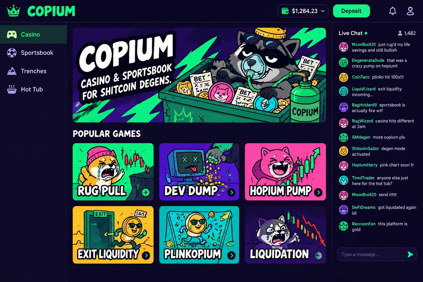 The COPIUM quick games lobby on a desktop screen