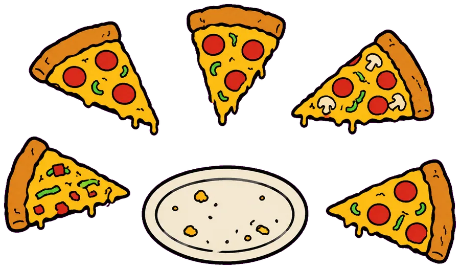 A pizza cut into revenue slices. One plate is empty.