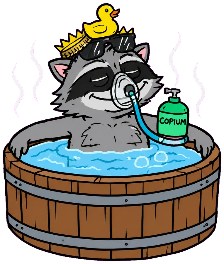 Rekt Raccoon soaking waist-deep in a steaming tub, eyes closed, a rubber duck on his head