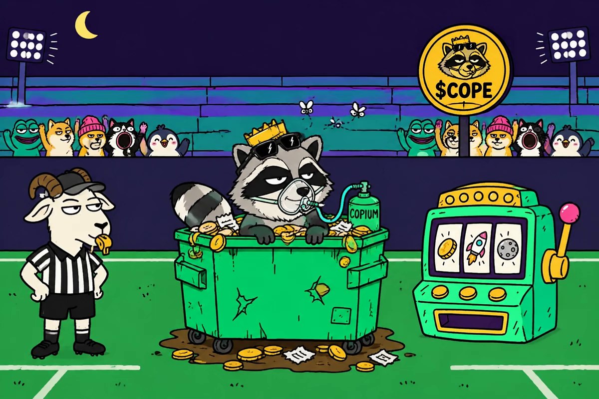 Rekt Raccoon pops out of a dumpster under stadium lights and huffs a copium tank next to a slot machine