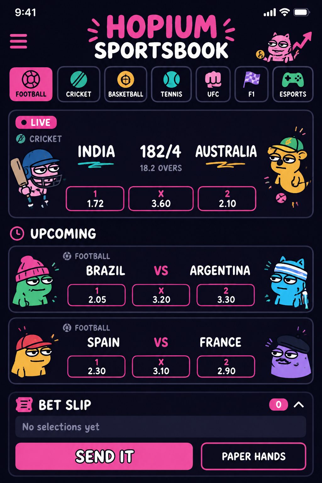 Hopium Sportsbook on a phone: real match odds, live in-play, bet slip