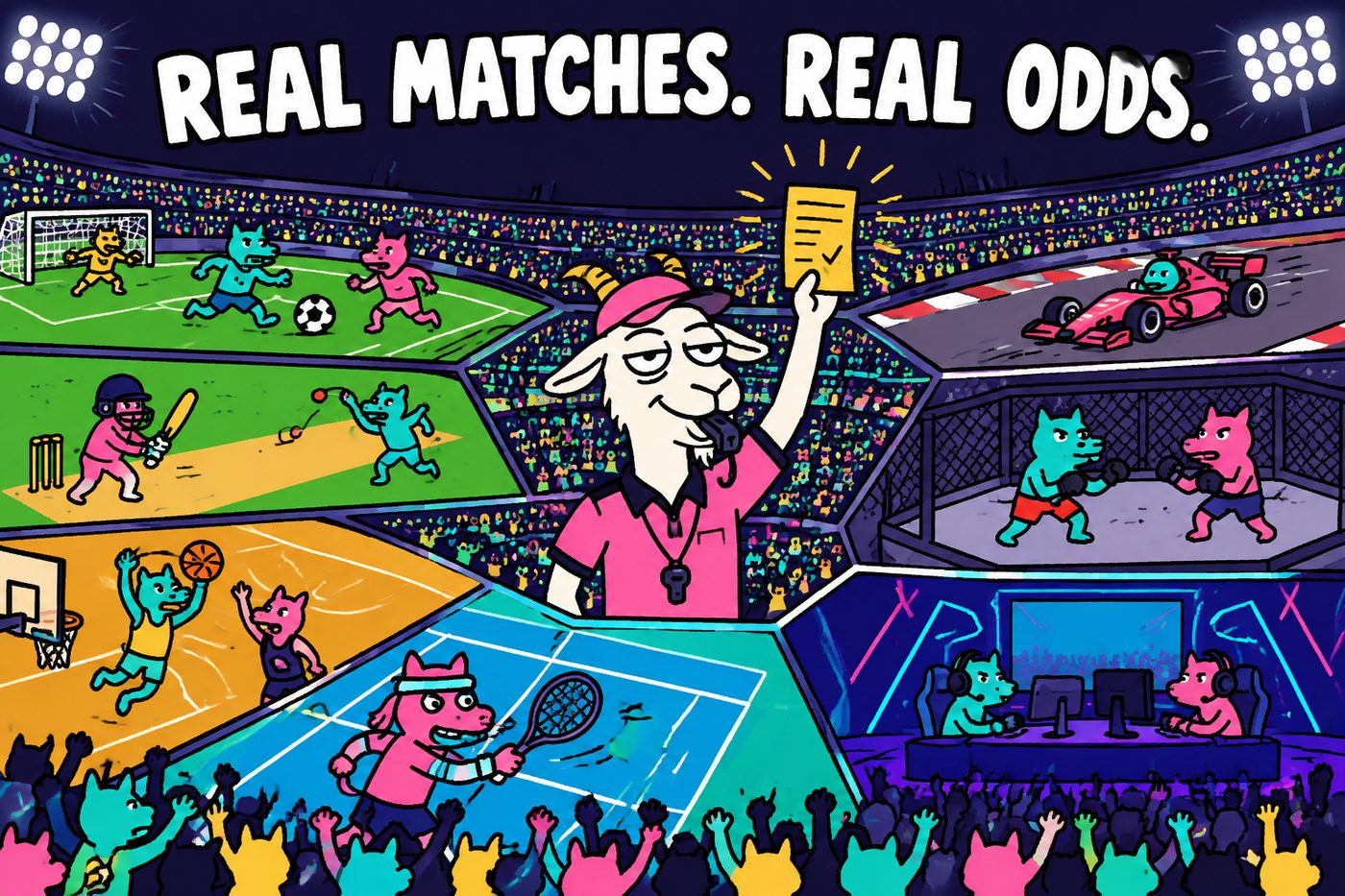 Real sports matches: football, cricket, basketball, tennis, UFC, F1 and esports