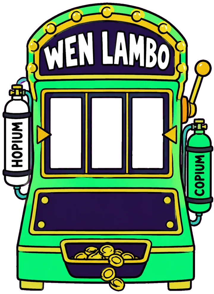 WEN LAMBO slot machine with a HOPIUM canister on the left and a COPIUM canister on the right