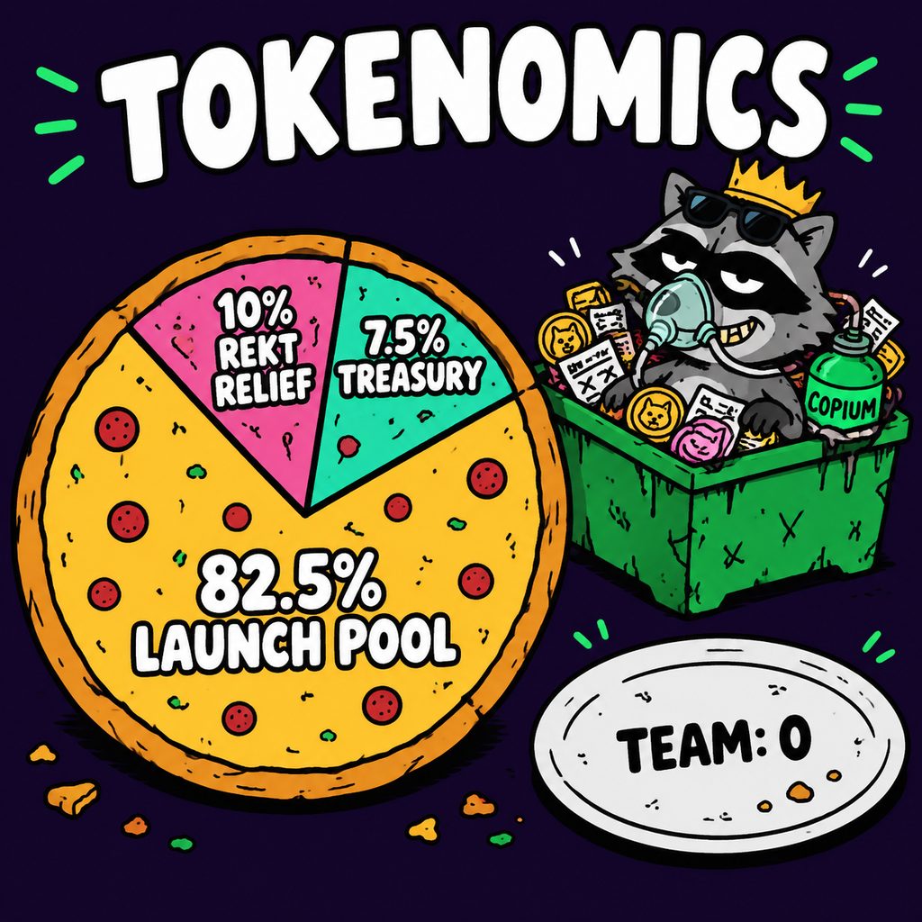 Rekt Raccoon slicing a pizza pie chart of $COPE